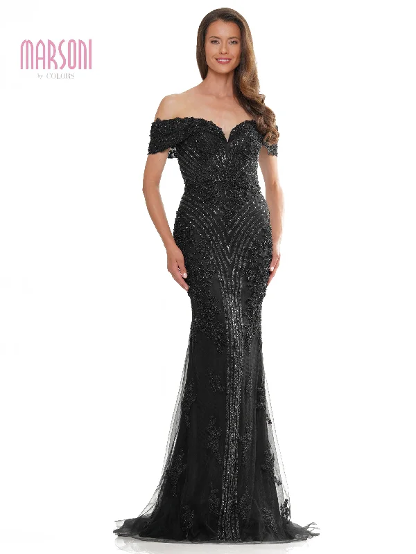Women's Peter Pan Collar DressesMarsoni MV1275 Off Shoulder Metallic Embroidered Tulle Formal Dress