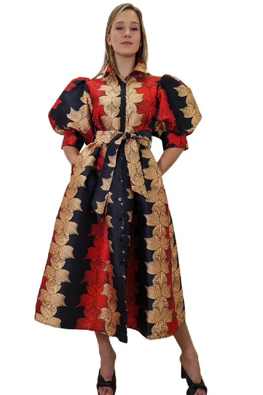 Women's Low Collar DressesPuff Sleeve Button Down Pockets Wrap Belt Dress