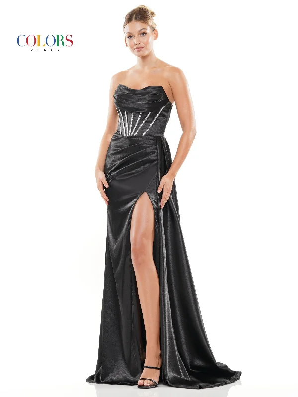 Women's Rounded Collar DressesColors 3102 Long Strapless Fitted Prom Dress