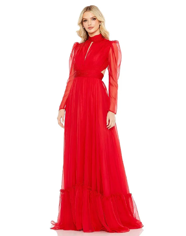Women's V-Shaped-Neck DressesMac Duggal 68400 Long Chiffon Keyhole Puff Sleeve Lace Up Dress