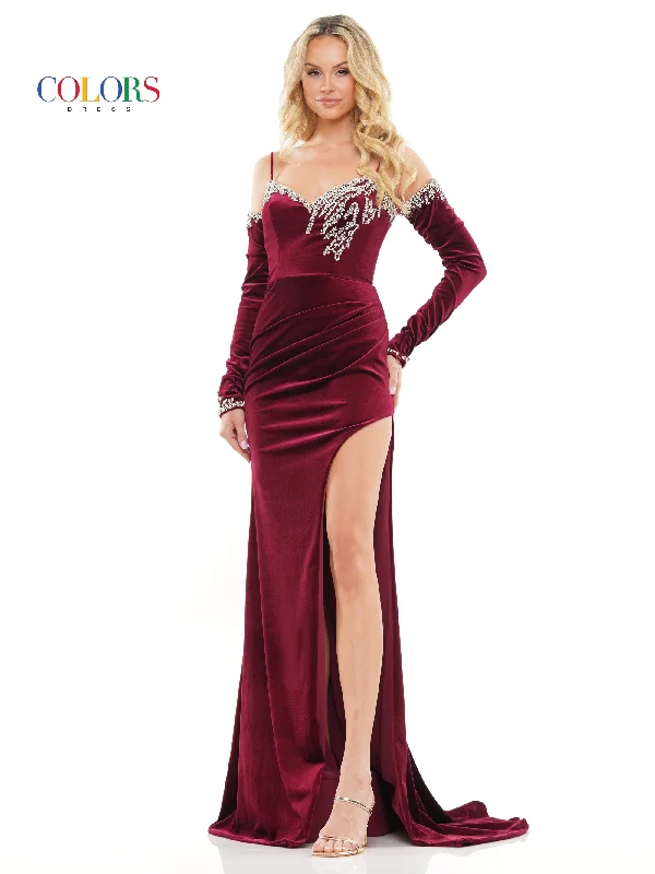 Women's Peter Pan Collar DressesColors 3272 Long Formal Fitted Velvet Prom Dress