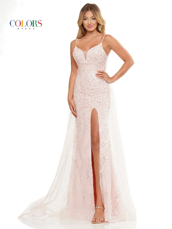 Women's High Collar DressesColors 3127 Long Fitted Spaghetti Strap Prom Dress