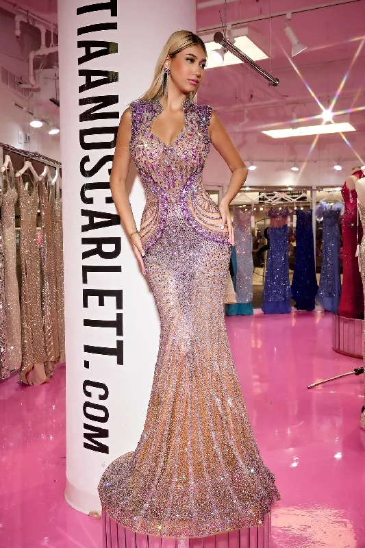 Women's Boat-Neck DressesPortia and Scarlett PS23744C Long Prom Curves Beaded Formal Dress