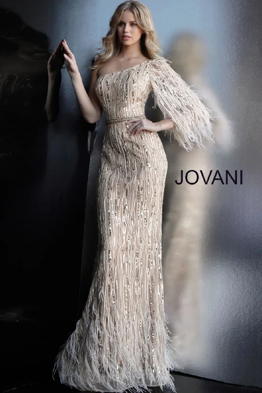 Women's Shawl Collar DressesJovani 63342 Long Formal Feather Sleeve Prom Gown