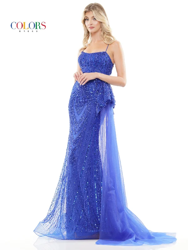 Women's Narrow-Neck DressesColors 3121 Long Formal Fitted Beaded Mesh Prom Dress