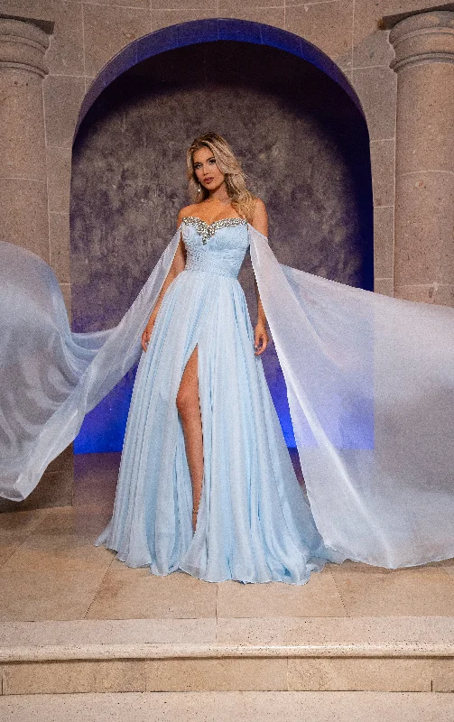 Women's Keyhole-Neck DressesRachel Allan 50352 Prom Long Formal A Line Cape Sleeve Dress