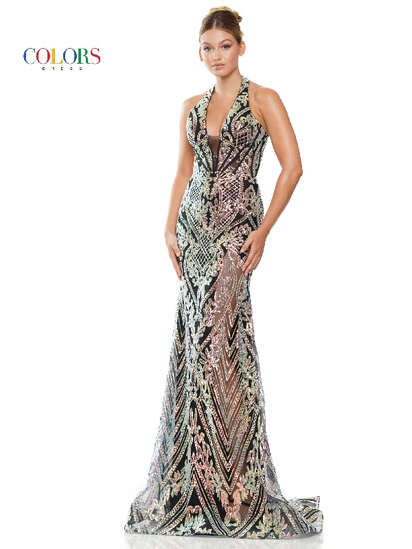 Women's Long-Sleeve DressesColors 3114 Long Formal Halter Fitted Prom Dress