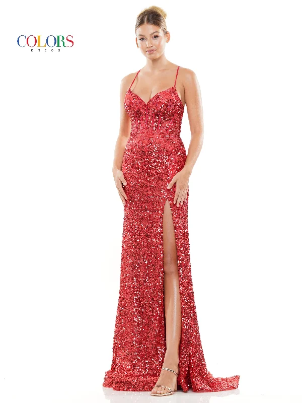 Women's Square-Back DressesColors 3299 Long Sequin Corset Bodice Front Slit Prom Dress Women's Square-Back DressesColors 3299 Long Sequin Corset Bodice Front Slit Prom Dress
