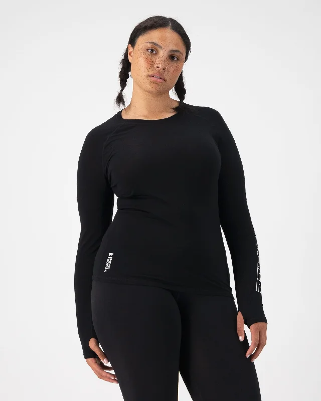 Women's Blouse with High CollarBella Merino Long Sleeve - Black