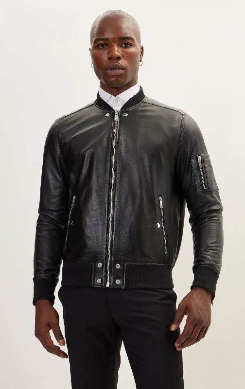 men's bomber jacket with contrast stitchingThe Sleek Leather Bomber Jacket - Black