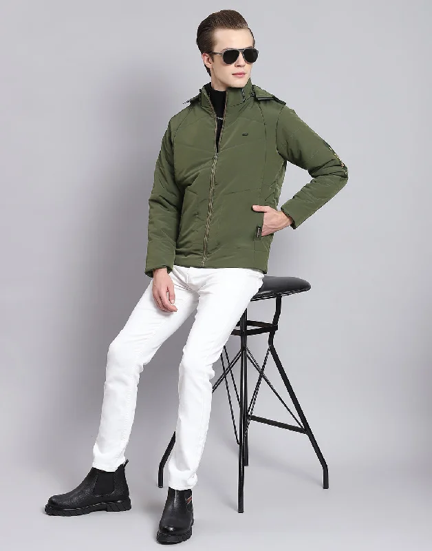 men's waterproof leather jacketMen Olive Solid Hooded Full Sleeve Jacket