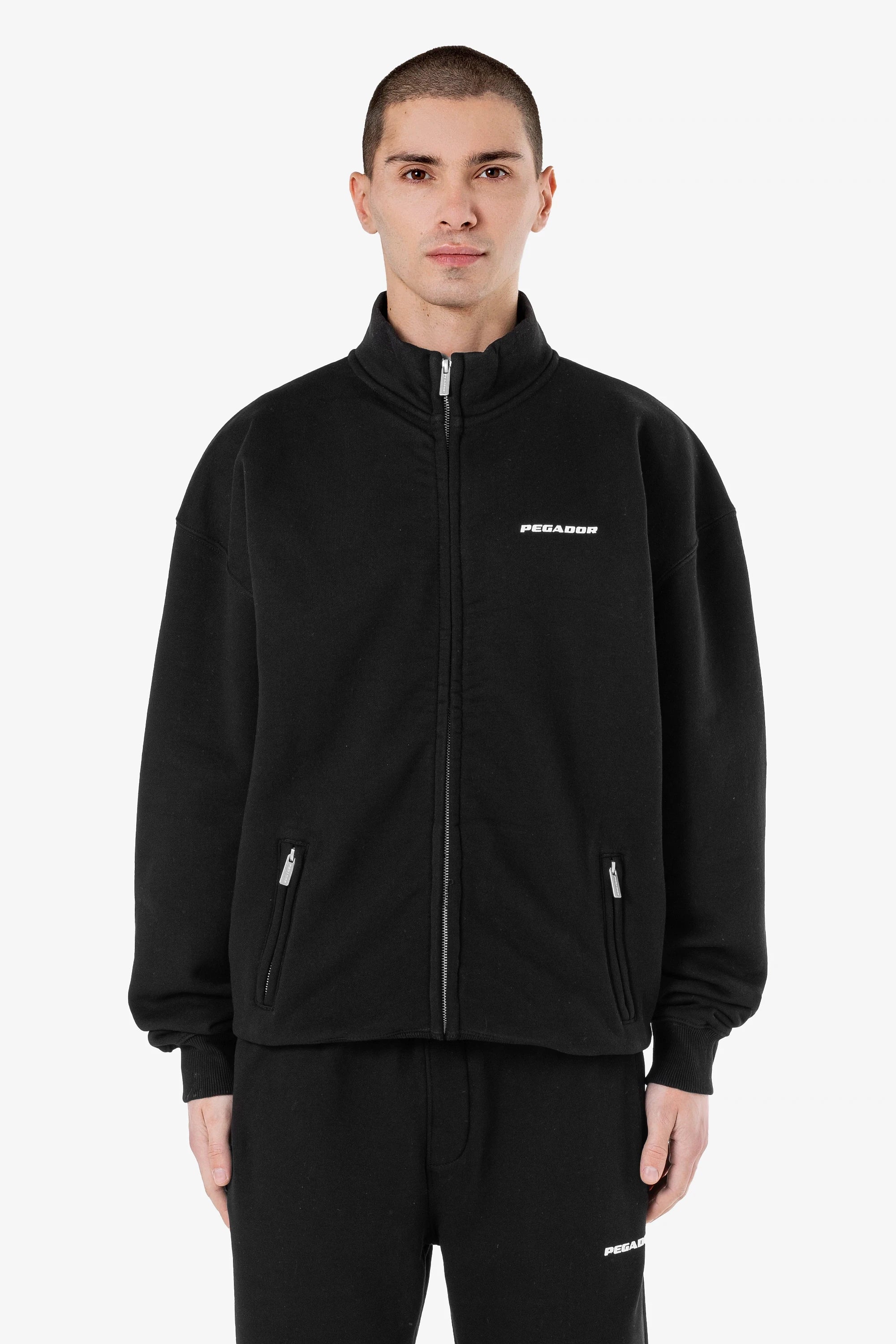 men's leather biker jacketLogo Oversized Sweat Track Jacket Washed Black White Gum