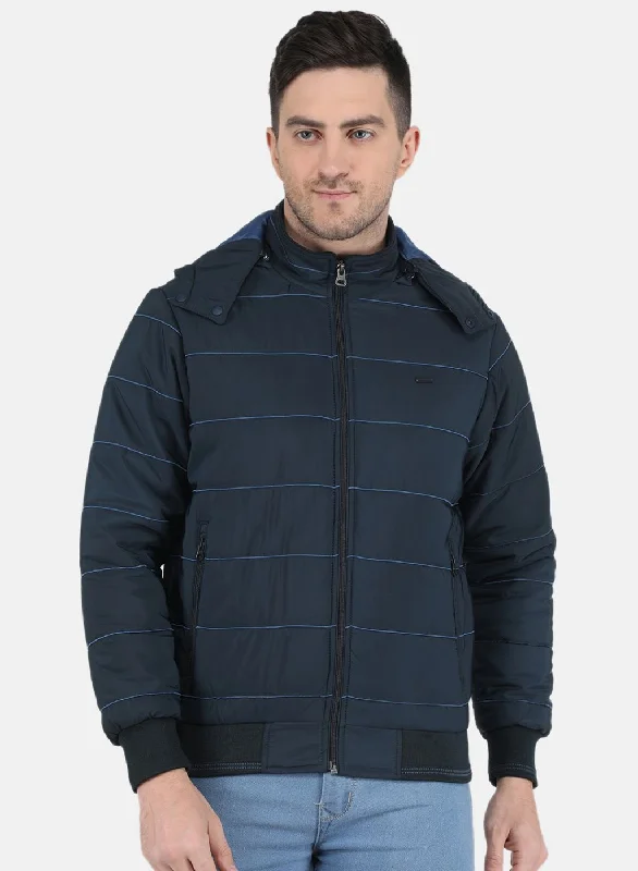 men's peacoat with leather trimMen NAvy Blue Solid Jacket