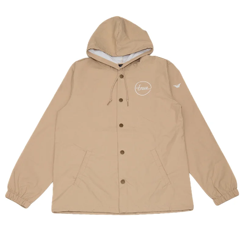 men's padded bomber jacket with pocketsTrue Men's Nations 2 Hooded Rain Jacket Tan