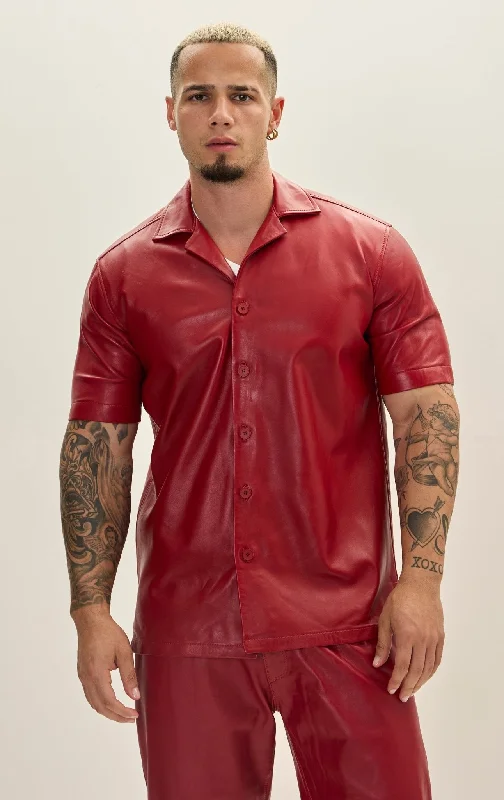 men's leather jacket for motorcycle ridingShort Sleeve Leather Shirt Jacket - Red