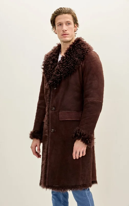 men's lightweight padded jacketGenuine Suede Overcoat with Shearling Lining - Brown