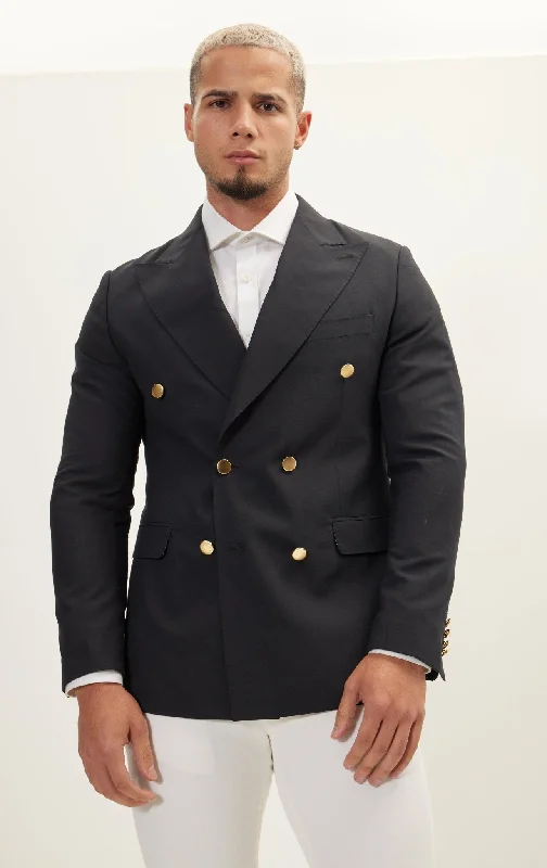 men's padded hooded coatVintage Gold Button Super 110S Wool Double Breasted Blazer - Navy