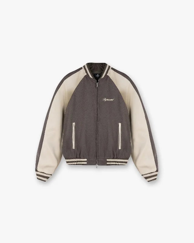 men's peacoat with leather trimRaglan Varsity Jacket - Stone