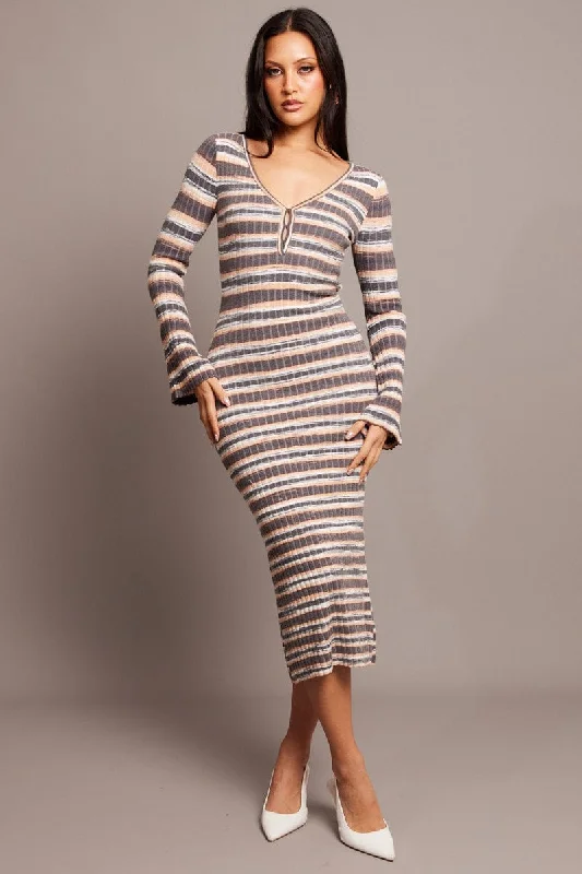 Beige Stripe Knit Dress Long Sleeve