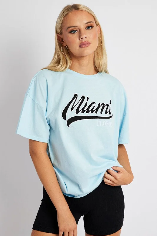 Blue Embroidery Baby Tee Slogan Crop T-shirt