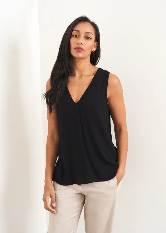 CELIA CREPE V NECK TOP - BLACK