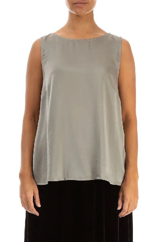 Flared Sleeveless Silver Sage Silk Top