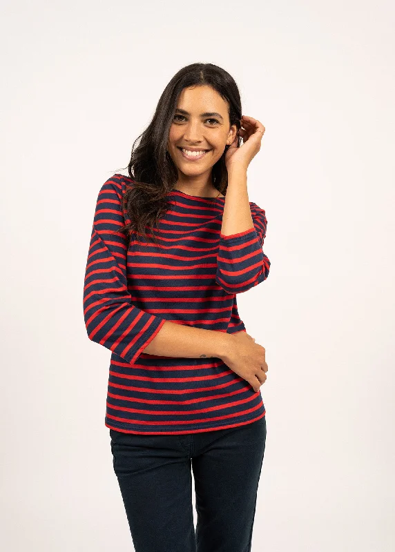 GALATHEE II - Breton Striped Top with ¾ Sleeve | Soft Cotton | Women Fit (NAVY / RED)