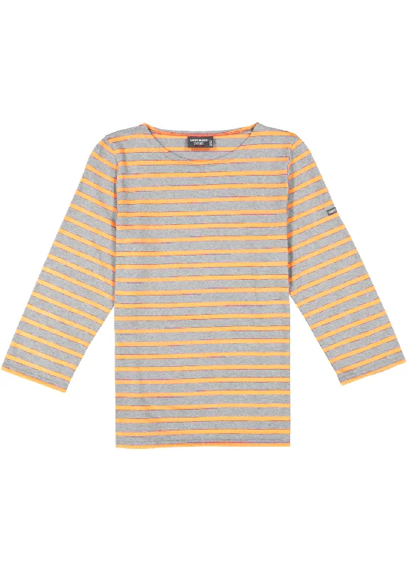 GALATHEE II - Breton Striped Top with ¾ Sleeve | Soft Cotton | Women Fit (DENIM / NEON ORANGE)