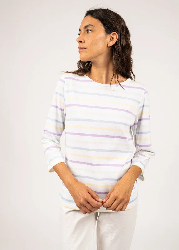 GALATHEE MULTI - Multicolor Breton Striped Top with ¾ Sleeve | Soft Cotton | Women Fit (WHITE / LIGHT BLUE / LIGHT YELLOW / LILAC / ALOE VERA)