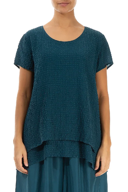 Layered Dark Teal Textured Silk Blouse