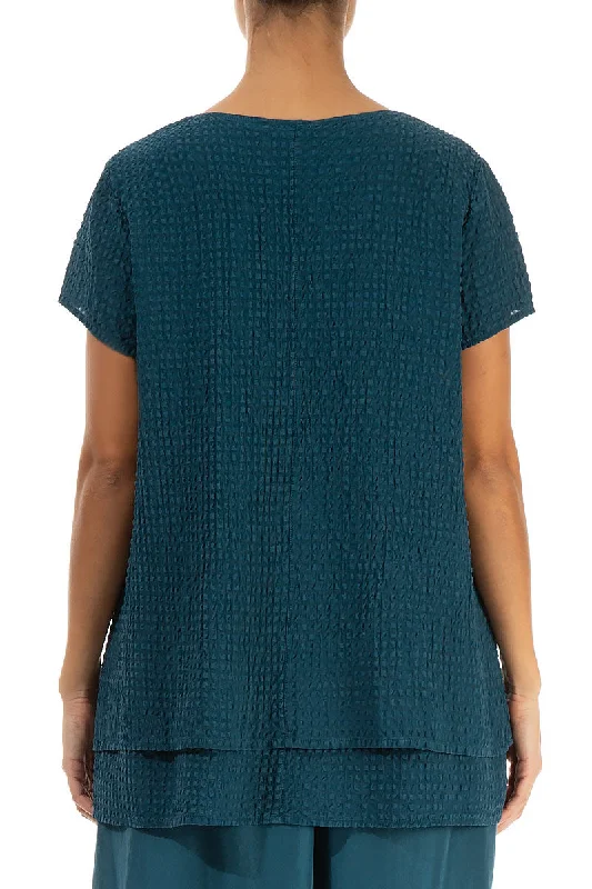 Layered Dark Teal Textured Silk Blouse