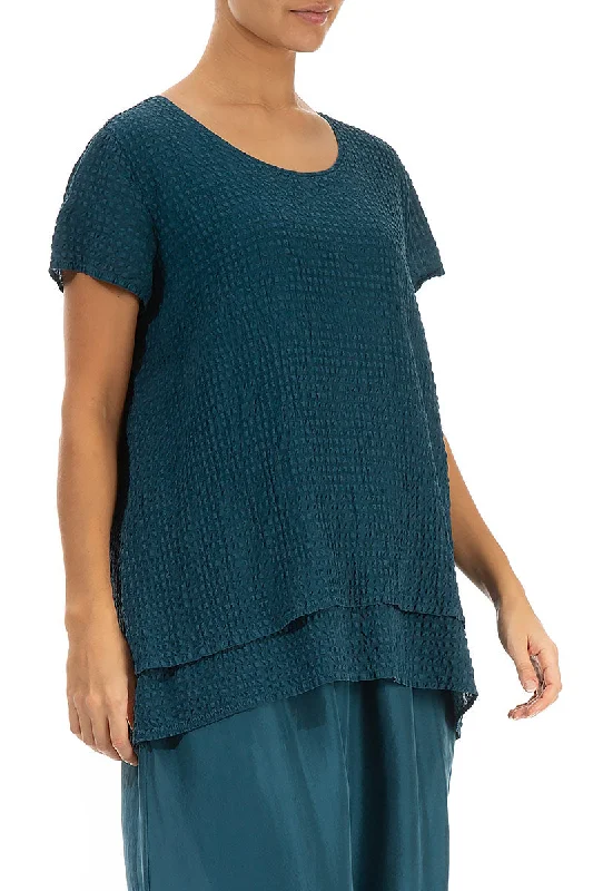 Layered Dark Teal Textured Silk Blouse