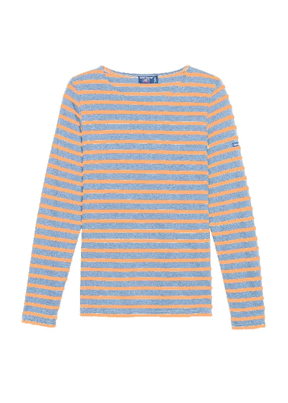 MINQUIDAME - Breton Striped Shirt with Long Sleeve | Soft Cotton | Women Fit (DENIM / NEON ORANGE)