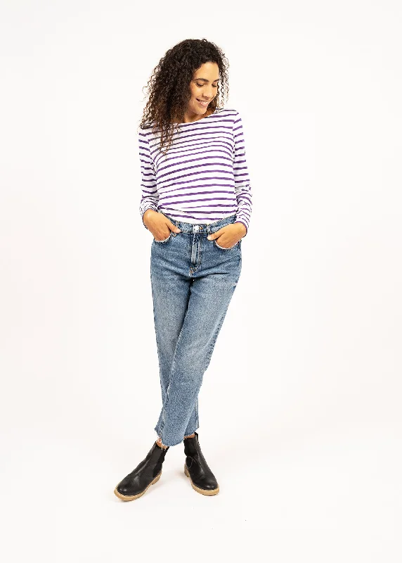 MINQUIDAME - Breton Striped Shirt with Long Sleeve | Soft Cotton | Women Fit (IVORY / PURPLE)