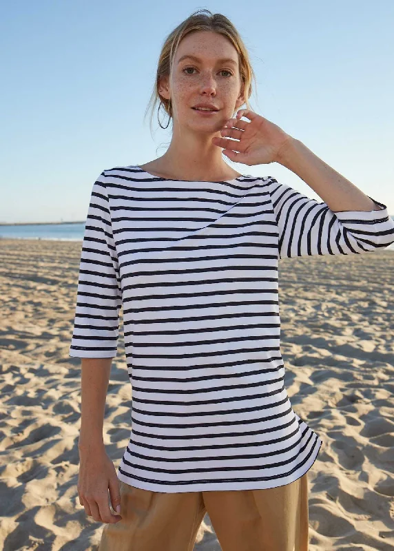 PHARE - Boat Neck Striped Tunic with Slits | Stretch fabric with UV Protection (WHITE / NAVY)