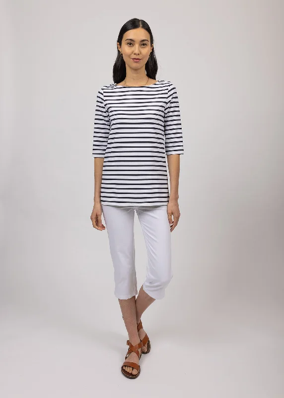 PHARE - Boat Neck Striped Tunic with Slits | Stretch fabric with UV Protection (WHITE / NAVY)