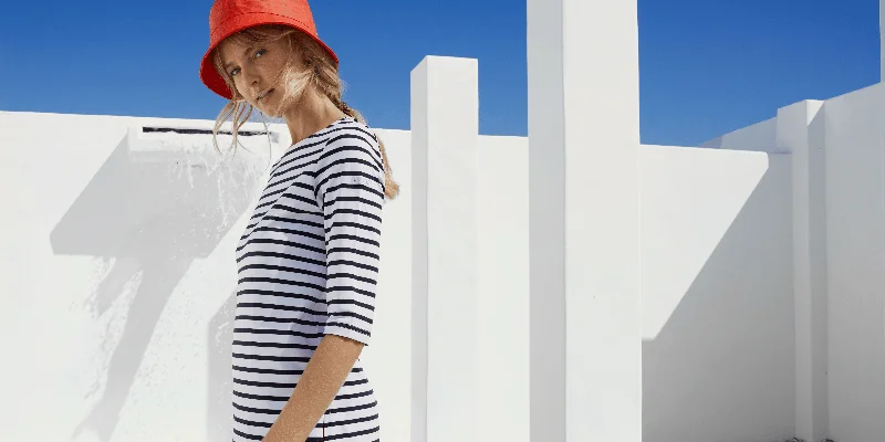 PHARE - Boat Neck Striped Tunic with Slits | Stretch fabric with UV Protection (WHITE / NAVY)