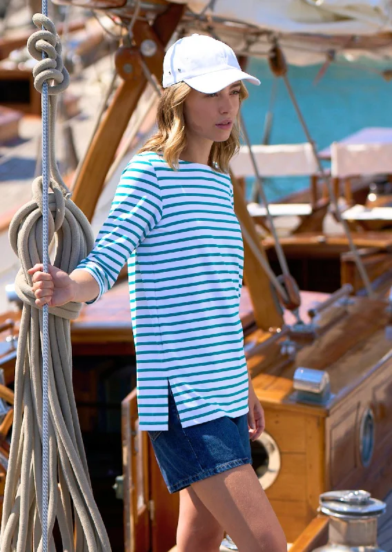 PHARE - Boat Neck Striped Tunic with Slits | Stretch fabric with UV Protection (WHITE / ABSINTHE GREEN)