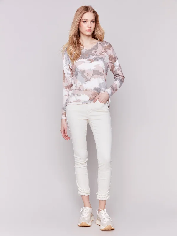 Printed V-Neck Knit Top - Woodrose