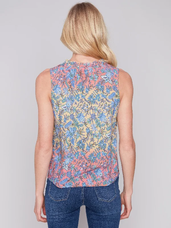 Sleeveless Printed Ruffle Neck Blouse - Glory