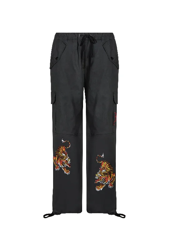 Womens Tiger Cargo Pants Trousers - Black