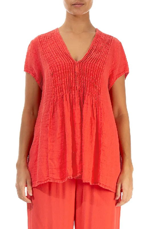 V-Neck Living Coral Linen Blouse