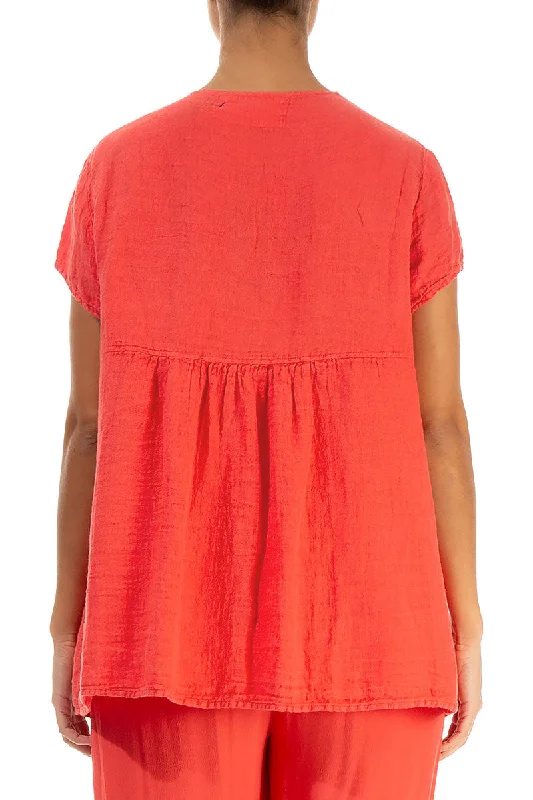 V-Neck Living Coral Linen Blouse