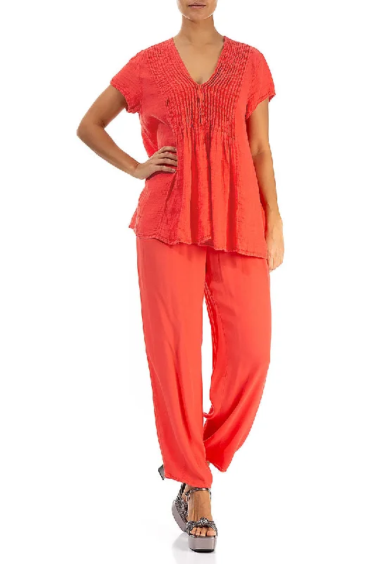 V-Neck Living Coral Linen Blouse