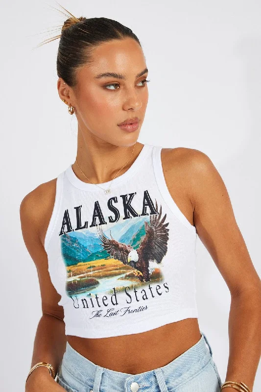 White Graphic Tank Top Eagle Alaska Crop Top