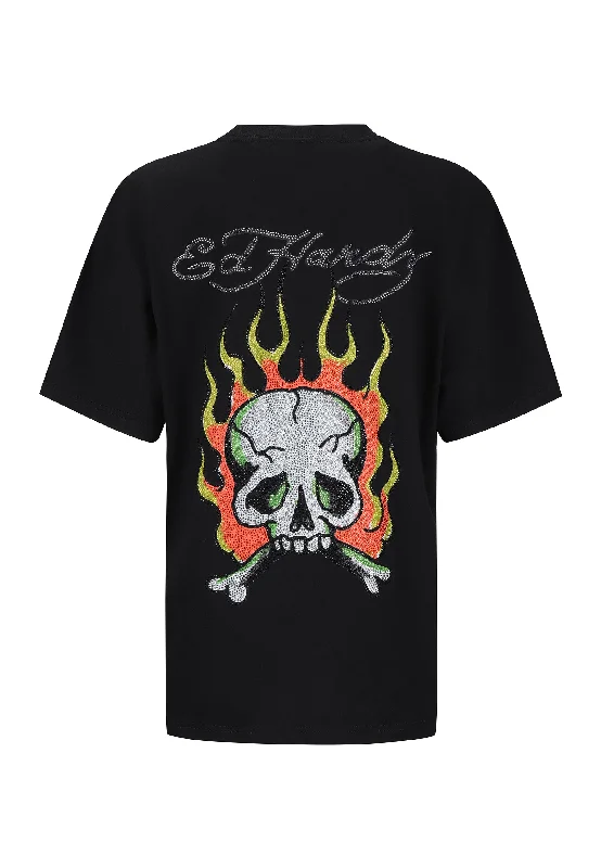 Womens Skull Flame Diamante Tshirt - Black